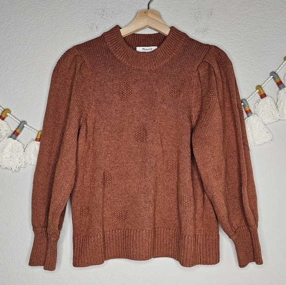 Madewell Dotted Eaton Puff Sleeve Cotton Merino Wool Yarn Sweater Redwood Boho S - Picture 2 of 11